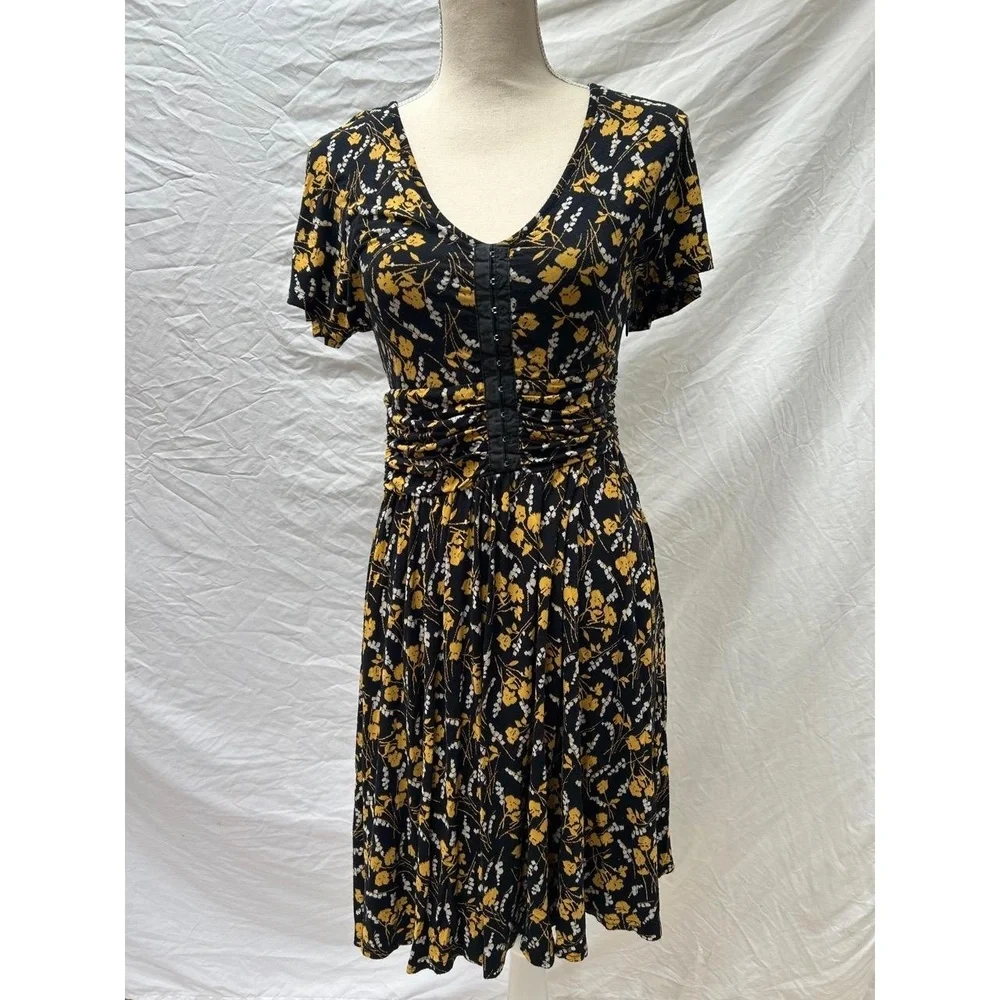 Anthropologie Maeve Womens Dress Size Small Black Floral Summer Breeze V-Neck - Picture 1 of 6
